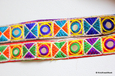 Red Mirrored Fabric Trim With Yellow, Green, Violet